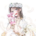  1girl bang_dream! bang_dream!_girls_band_party! black_hair blush character_doll commentary doll dress falling_feathers feathers flower flower_wreath frilled_sleeves frills grey_eyes head_wreath highres long_hair looking_at_viewer michelle_(bang_dream!) okusawa_misaki rose short_sleeves solo succhii_(pikaru) white_dress white_flower white_rose 