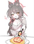  1girl animal_ear_fluff animal_ears apron black_choker blue_archive breasts brown_hair choker cleavage colored_inner_hair commentary eyeshadow feeding_viewer food food_writing fox_ears fox_girl hair_ornament halo heart heart_in_eye highres holding holding_spoon large_breasts long_hair looking_at_viewer makeup multicolored_hair neh_neng_neh off-shoulder_shirt off_shoulder omelet omurice open_mouth pink_apron plate ponytail_over_shoulder red_eyeshadow red_hair red_halo shirt simple_background solo spoon symbol_in_eye two-tone_hair upper_body wakamo_(blue_archive) white_background yellow_eyes 