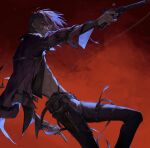  1boy antenna_hair belt belt_pouch bleeding blood blood_on_clothes blood_on_face blue_eyes bullet closed_mouth dual_wielding duplicate grey_hair gun hair_between_eyes highres holding holding_gun holding_weapon holster injury jacket kim_hana leg_belt male_focus navel open_clothes open_jacket original pouch purple_jacket red_background revolver shell_casing solo topless_male weapon zipper zipper_pull_tab 