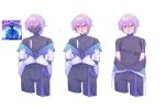  1boy aqua_streaks arms_at_sides asymmetrical_hair belt_buckle black_collar black_eyes black_mask black_pants black_shirt blush buckle chest_harness collar covered_abs covered_mouth covered_navel covered_nipples cropped_legs cum cum_in_mouth cum_on_body earrings facial game_screenshot_inset gyakkou_no_lens_flare_(project_sekai) hair_between_eyes harness highres jacket jewelry kamishiro_rui looking_at_viewer male_focus mask mouth_mask multicolored_hair multiple_views neoki_n0sleep nipples no_mask nose_blush off_shoulder official_alternate_costume official_art_inset pants piercing project_sekai purple_hair screenshot_inset see-through_clothes see-through_shirt shirt short_hair simple_background streaked_hair tongue tongue_out tongue_piercing variations white_background white_jacket zipper 