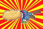  ankle_boots boots brown_footwear dress food full_body hinanawi_tenshi pants rainbow_order simple_background solo tempura touhou two-tone_background uewtsol what 