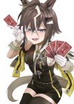  1girl absurdres ahoge animal_ears black_boots black_shirt black_shorts blue_eyes boots breasts brown_hair card chess_piece commentary_request fang gloves grey_hair grey_streaks hair_ornament hair_over_one_eye high-waist_shorts highres holding holding_card horse_ears horse_girl looking_at_viewer medium_breasts multicolored_hair nida_keita open_mouth playing_card rook_(chess) rulership_(monochrome_gm)_(umamusume) rulership_(umamusume) shirt short_hair shorts simple_background sleeveless sleeveless_shirt smile solo streaked_hair teeth thigh_boots umamusume white_gloves 