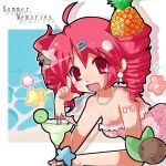  1girl 2000s_(style) ahoge breasts character_hair_ornament cocktail_glass cocktail_umbrella coconut cup dress drill_hair drinking_glass earrings food food_in_hair fruit hair_ornament highres jewelry kasane_teto lime_(fruit) lime_slice necklace number_tattoo patrick_star pearl_earrings pineapple pink_dress red_eyes red_hair seashell shell shell_hair_ornament shell_necklace small_breasts solo spongebob_squarepants_(series) starfish_hair_ornament summer tattoo thea_(w_alladoo) twin_drills utau 