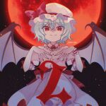  1girl back_bow bat_wings blue_hair bow closed_mouth collared_shirt commentary_request countdown embodiment_of_scarlet_devil frilled_shirt_collar frilled_wrist_cuffs frills full_moon hat hat_ribbon highres katsuragi_atori looking_at_viewer mob_cap moon night pink_hat pink_shirt pink_skirt puffy_short_sleeves puffy_sleeves red_bow red_eyes red_moon red_nails red_wrist_cuffs remilia_scarlet ribbon shirt short_sleeves single_wrist_cuff skirt skirt_set smile solo touhou wings wrist_cuffs zun_pose 