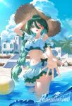 1boy 2girls absurdres ball bare_shoulders beach beachball bikini bikini_skirt bird blush bow braid breasts cheryl_(pokemon) commentary_request green_bikini green_bow green_eyes green_hair hair_between_eyes hair_over_shoulder hat highres innertube korean_commentary large_breasts long_hair looking_at_viewer male_swimwear medium_breasts multiple_girls navel naz_(hsae3838) ocean one_eye_closed open_mouth palm_tree piplup pokemon pokemon_diamond/pearl/platinum reaching reaching_towards_viewer short_hair single_braid smile solo_focus stomach straw_hat sun_hat swim_ring swimsuit teeth tree tuber_(pokemon) upper_teeth_only wading water wet white_bikini wingull 