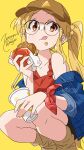 1girl :q absurdres artist_name bare_legs bare_shoulders baseball_cap black_shorts blonde_hair blush bocchi_the_rock! brown_hat brown_shoes burger collarbone commentary_request cup denim denim_jacket disposable_cup drink drinking_straw food food_on_face glasses hat highres holding holding_burger holding_drink holding_food ijichi_nijika jacket licking_lips long_hair looking_to_the_side open_clothes open_jacket red_eyes red_shirt scrunchie shirt shoes shorts signature solo squatting tongue tongue_out watermark wcdonald's wrapped_burger yellow_background yellow_scrunchie zetsuyo_chimayo 