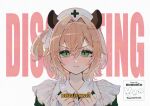  1girl :i angry animal_ears apron artist_logo blonde_hair clenched_hands commentary dress english_commentary english_text fani_waker furrowed_brow green_dress green_eyes hair_between_eyes hair_intakes hair_ornament hat indie_virtual_youtuber light_blush logo looking_at_viewer nimi_nightmare nurse_cap one_side_up pout short_hair simple_background solo sparkle sparkling_aura tapir_ears tapir_girl text_background thick_eyebrows v-shaped_eyebrows virtual_youtuber watermark white_background 