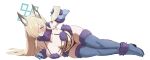  1girl absurdres ammak animal_ears animal_hands blonde_hair blue_archive blue_eyes blue_halo blush breasts cleavage clenched_teeth commentary cosplay dog_ears dog_girl embarrassed extra_ears fate/grand_order fate_(series) fur-trimmed_gloves fur-trimmed_legwear fur-trimmed_thighhighs fur_bikini fur_bra fur_collar fur_trim gloves hair_over_one_eye halo highres holding kanna_(blue_archive) large_breasts long_hair looking_at_viewer lying mash_kyrielight mash_kyrielight_(dangerous_beast) mash_kyrielight_(dangerous_beast)_(cosplay) mayonnaise mayonnaise_bottle navel o-ring o-ring_top on_side paw_gloves purple_gloves purple_thighhighs revealing_clothes sharp_teeth simple_background solo squeezing suggestive_fluid teeth thighhighs white_background 