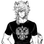  1boy ^_^ animal_ear_fluff animal_ears arknights closed_eyes closed_mouth coat_of_arms commentary english_commentary facing_viewer greyscale hair_between_eyes happy male_focus monochrome print_shirt self-upload shirt short_sleeves silverash_(arknights) simple_background smile snow_leopard_boy snow_leopard_ears snow_leopard_tail solo tail upper_body white_background wrweider64 