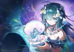  1girl a_ya_a_sha ahoge air_bubble bare_shoulders blue_eyes bubble character_and_character_item character_doll closed_mouth commentary_request detached_sleeves doll dress fins flower genshin_impact green_hair hair_flower hair_ornament hair_over_one_eye head_fins highres holding long_hair looking_at_object merfolk mermaid monster_girl music_box musical_note musical_staff smile solo underwater very_long_hair vodyanitsa_(genshin_impact) white_dress 