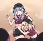  5girls anco_(platanity) ave_mujica_(bang_dream!) bang_dream! bang_dream!_it's_mygo!!!!! black_shorts blonde_hair blue_hair blush collarbone commentary_request flying_sweatdrops gradient_background hand_on_another's_hip hand_on_another's_stomach highres korean_commentary long_hair midriff misumi_uika multiple_girls open_mouth orange_background purple_eyes purple_hair sauna shorts sweat togawa_sakiko wakaba_mutsumi yahata_umiri yellow_eyes yuri yuutenji_nyamu 