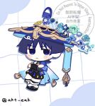  1boy :< akt_eak armor ball_hands beads black_bodysuit black_bow black_bridal_gauntlets black_hair black_sandals black_shorts blue_bow blue_cape blue_hat blue_jingasa blunt_ends blush bodysuit bow bridal_gauntlets cape character_charm charm_(object) chibi chibi_only closed_mouth commentary_request crossed_arms drop_shadow feathers full_body furisode genshin_impact gold gold_trim grid_background hat heart highres japanese_armor japanese_clothes jingasa jitome kimono kote kurokote leg_warmers looking_at_viewer male_focus purple_eyes sandals scaramouche_(genshin_impact) shorts side_cape solo star_(symbol) toeless_legwear twitter_username wanderer_(genshin_impact) watermark white_background white_kimono white_leg_warmers white_trim wispy_bangs yellow_feathers zouri 