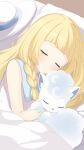  1girl alolan_vulpix bed blonde_hair braid closed_eyes closed_mouth commentary dress hat head_on_pillow highres holding holding_pokemon kocha_(jgug7553) lillie_(pokemon) long_hair on_bed pillow pokemon pokemon_(anime) pokemon_(creature) pokemon_the_series:_sun_&amp;_moon sleeping sleeveless sleeveless_dress smile solo under_covers unworn_hat unworn_headwear white_dress white_hat 
