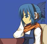  blue_background blue_eyes blue_hair cirno cirno-nee hair_ornament hair_ribbon headphones ponytail ribbon riicha scarf short_hair simple_background sitting solo touhou 