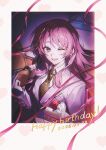  1girl absurdres bang_dream! bang_dream!_it's_mygo!!!!! birthday_cake cake chihaya_anon commentary dated diagonal-striped_clothes diagonal-striped_necktie fang food glint green_necktie grey_eyes happy_birthday highres logo necktie one_eye_closed pink_hair solo striped_clothes striped_necktie tomatoo7 untranslatable_commentary 