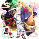  1girl aerial_fireworks alternate_costume breasts bridge brown_sandals chain cleavage closed_mouth cuffs egasumi fingernails fireworks full_body game_asset geta hadanugi_dousa haori highres holding horns hoshiguma_yuugi japanese_clothes kimono large_breasts long_fingernails looking_at_viewer nail_polish official_art oni ponytail purple_haori red_horns red_nails rotte_(1109) sandals shackles sharp_fingernails single_horn single_off_shoulder smile solo third-party_source toenail_polish toenails touhou touhou_lostword translation_request transparent_background white_kimono 