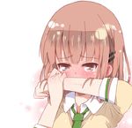  bad_id bad_pixiv_id blush covering_mouth hachi_(orange) hair_ornament hairclip kurahashi_riko love_lab necktie pink_eyes pink_hair short_hair solo tears transparent white_background 