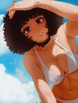  1girl absurdres afro bikini black_choker black_hair blue_sky blunt_bangs breasts brown_eyes casato choker cloud commentary ellie_(casato) english_commentary highres kinky_hair looking_at_viewer medium_breasts navel original sky swimsuit water wet white_bikini 