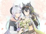  2girls absurdres arknights black_gloves black_hair black_hat blaze_(arknights) blaze_the_igniting_spark_(arknights) blaze_the_igniting_spark_(homecoming_night)_(arknights) bouquet braid chinese_commentary closed_eyes commentary_request elbow_gloves eyewear_on_head gloves grey_hair grey_tube_top grin hair_between_eyes hair_flowing_over hair_ornament hair_rings hairclip hand_on_another's_shoulder hat highres jessicaposhey long_sleeves looking_at_viewer multiple_girls ponytail purple_eyes scarf smile strapless tube_top upper_body w white_scarf xingzhu_(arknights) xingzhu_(spring_in_her_lens)_(arknights) 