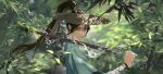  1boy all_wishes_come_true! arm_wrap bamboo bamboo_forest black_hair blue_hanfu blurry blurry_background bobybaboo brown_eyes brown_hair chinese_clothes chinese_commentary closed_mouth commentary_request day depth_of_field forest from_side hair_between_eyes half-closed_eyes hanfu hat high_ponytail highres holding holding_sword holding_weapon jian_(weapon) leaf long_hair long_sleeves lv_dongbin_(all_wishes_come_true!) male_focus nature outdoors over_shoulder plant ponytail sheath sheathed sidelocks solo straw_hat sword sword_over_shoulder upper_body water weapon weapon_over_shoulder wide_sleeves yellow_eyes 