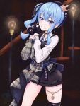  1girl absurdres asymmetrical_sidelocks belt beret blue_choker blue_eyes blue_hair blush breasts choker commentary_request crown gloves grey_hat hair_between_eyes half-jacket hands_up hat highres hololive hoshimachi_suisei hoshimachi_suisei_(14th_costume) jacket jewelry light_bulb long_hair looking_at_viewer mini_crown multiple_belts official_alternate_costume partially_fingerless_gloves pendant_choker plaid_clothes plaid_hat plaid_jacket ribbon shirt side_ponytail sidelocks single_thighhigh skindentation skirt small_breasts smile solo soware stairs star_(symbol) star_choker star_in_eye star_pendant symbol_in_eye teeth thighhighs thighlet thighs virtual_youtuber white_shirt 