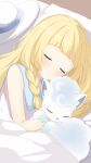  1girl alolan_vulpix bed blonde_hair braid closed_eyes closed_mouth commentary dress hat head_on_pillow highres holding holding_pokemon kocha_(jgug7553) lillie_(pokemon) long_hair on_bed pillow pokemon pokemon_(anime) pokemon_(creature) pokemon_the_series:_sun_&amp;_moon sleeping sleeveless sleeveless_dress smile solo under_covers unworn_hat unworn_headwear white_dress white_hat 