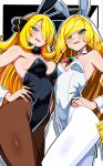  2girls alternate_breast_size_(larger) animal_ear_hairband animal_ears bare_shoulders black_hairband black_leotard blonde_hair blush breasts brown_pantyhose choker commentary_request cynthia_(pokemon) fake_animal_ears fur_collar green_eyes grey_eyes hair_ornament hair_over_one_eye hairband hand_on_own_hip highres large_breasts leotard long_hair looking_at_viewer lusamine_(pokemon) mature_female multiple_girls open_mouth pantyhose playboy_bunny pokemon pokemon_diamond/pearl/platinum pokemon_sun_and_moon rabbit_ear_hairband rabbit_ears shiki_(kisikisi1007) small_breasts smile very_long_hair white_choker white_hairband white_leotard white_pantyhose white_wrist_cuffs wrist_cuffs 