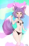  &lt;3 absurd_res amber_eyes animal_humanoid bikini blush breasts butt canine canine_humanoid chocpocalypse clothing female fox_humanoid fur hi_res humanoid inner_ear_fluff mammal navel open_mouth purple_fur small_breasts solo standing swimsuit white_fur 