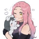  1girl absurdres alien_stage animal animalization black_gloves bow commentary gloves gradient_hair half_gloves highres holding holding_animal holding_rabbit long_hair mizi_(alien_stage) multicolored_hair one_eye_closed pink_hair rabbit smile sua_(alien_stage) twitter_username wawan_(pixiv_127952668) white_bow yellow_eyes 