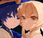  1boy 1girl :< absurdres black_background black_bodysuit blonde_hair blue_cape blue_hat blue_jingasa blunt_ends bodysuit cape choppy_bangs closed_mouth eyelashes eyeliner genshin_impact gold gold_trim hair_between_eyes hair_intakes hat highres japanese_clothes jingasa kimono leafy_fumi looking_at_viewer lumine_(as_heaven_and_earth_are_made_anew)_(genshin_impact) lumine_(genshin_impact) makeup mandarin_collar no_pupils official_alternate_costume purple_eyes purple_hair red_eyeliner scaramouche_(genshin_impact) scarf short_hair short_hair_with_long_locks side_cape sidelocks twitter_username wanderer_(genshin_impact) white_kimono white_scarf yellow_eyes 