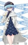  1girl ayanami_rei beret black_gloves black_hat blue_dress blue_hair bright_pupils caution_tape character_name coat commentary cowboy_shot dress duffel_coat floating_clothes frilled_dress frills gloves grin hair_between_eyes hand_on_own_face hat highres long_eyelashes long_sleeves looking_to_the_side neon_genesis_evangelion red_eyes sashimi_(sasihmi) scarf short_dress short_hair signature simple_background smile solo white_coat white_pupils white_scarf 