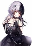  1girl arm_strap arm_warmers bag belt black_arm_warmers black_belt black_choker black_dress black_hair black_nails blunt_bangs blush book breasts chest_strap choker cleavage dress dress_ribbon frilled_dress frills hair_ornament hands_up highres holding holding_ribbon hololive hololive_english jewelry lace-trimmed_choker lace_trim large_breasts layered_dress long_hair multicolored_hair multiple_rings nail_polish parted_lips reianly ribbon ring satchel shiori_novella shiori_novella_(1st_costume) short_hair simple_background sleeveless sleeveless_dress smile solo split-color_hair striped_arm_warmers two-tone_hair virtual_youtuber white_background white_hair white_ribbon yellow_eyes 