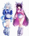  2girls 9hun_(wxw_hye) :d ;d ahoge alternate_costume animal_ear_fluff animal_ears apron black_hair blue_eyes blue_hair blue_jacket blue_pupils blush cat_ears cat_girl closed_mouth columbina_(genshin_impact) commentary enmaided frilled_apron frilled_hairband frilled_thigh_strap frills full_body furina_(genshin_impact) genshin_impact hair_intakes hair_ornament hairband hand_up hands_up highres jacket jersey_maid kemonomimi_mode long_hair long_sleeves looking_at_viewer maid maid_headdress multiple_girls one_eye_closed open_mouth purple_eyes purple_hair shoes simple_background smile socks standing thigh_strap track_jacket unconventional_maid unusually_open_eyes very_long_hair waist_apron white_apron white_background white_hair white_hairband white_shoes white_socks wing_hair_ornament 