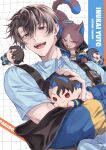  1boy animalization black_hair blue_hair blue_jacket blue_shirt brown_eyes cat character_doll character_name chest_harness collared_shirt commentary_request copyright_name doll harness highres holding holding_stuffed_toy inukai_yuto jacket male_focus multicolored_hair open_mouth paradox_live person_and_animalization shirt short_hair short_sleeves smile stuffed_toy suya_01 two-tone_hair 