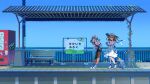  2girls absurdres adachi_rei android baseball_cap bench black_shoes bottle braid braided_ponytail character_doll commentary_request corrugated_galvanized_iron_sheet day doll dress fanny_pack flower grey_hair hand_on_own_hip hat hat_ribbon highres hinoki_(yesfish1117) joints looking_at_viewer multiple_girls nurse_robot_type_t ocean orange_eyes orange_hair orange_pantyhose outdoors pantyhose plant railing ribbon robot_joints rolling_suitcase sandals sekai_o_aruku_(utau) shoes short_hair short_sleeves sign sleeveless sleeveless_dress sneakers sticker suitcase sun_hat tactile_paving train_station train_station_platform umbrella utau vending_machine vines water_bottle white_dress 