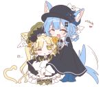  2girls :d ^_^ animal_ears bird_hat_ornament black_bow black_bowtie black_capelet black_flower black_hat black_rose blonde_hair blue_hair blue_necktie bonnet bow bow_flower bowtie braid braided_hair_rings capelet closed_eyes collared_shirt commentary_request contrast_collar deerstalker ears_through_headwear flower frilled_capelet frills green_bonnet green_eyes grey_vest hair_bow hair_flower hair_ornament hair_rings hat hat_bow highres hug kemonomimi_mode korean_commentary korean_text long_hair long_sleeves mahou_shoujo_no_majo_saiban mistyhama multiple_girls necktie one_eye_closed open_mouth rose shirt short_hair simple_background smile tachibana_sherry tail tono_hanna translation_request twintails vest white_background white_flower white_rose white_shirt winged_hat yellow_flower yellow_rose yuri 
