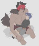  1boy 1girl animal_ears assertive_female belle_(zenless_zone_zero) black_hair black_shirt blue_hair blush closed_eyes grey_background grey_shorts hetero highres komano_manato long_sleeves meous multicolored_hair muscular muscular_male red_eyes red_hair red_shorts shirt short_hair shorts simple_background sitting sitting_on_lap sitting_on_person sucking_male_nipple tail tail_wagging topless_male two-tone_hair zenless_zone_zero 