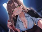  1girl absurdres black_jacket blush breasts brown_hair cleavage earrings green_eyes highres indoors j_young jacket jewelry large_breasts leash long_hair long_sleeves no_bra open_clothes open_mouth open_shirt original pov shirt smile solo suit_jacket teeth unbuttoned unbuttoned_shirt viewer_on_leash voice_drama_available white_shirt 