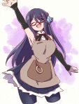  1girl :d ;d apron apron_pocket arm_up assault_lily bare_shoulders black_hair black_pantyhose black_ribbon black_skirt blue_eyes blue_ribbon breasts brown_apron cowboy_shot cropped_legs detached_sleeves digamma gem gem_hair_ornament glasses hair_between_eyes hair_ribbon highres jewelry large_breasts long_bangs long_hair looking_at_viewer mashima_moyu miniskirt neck_ribbon one_eye_closed open_hand open_mouth outstretched_arm pantyhose pleated_skirt purple_background red-framed_eyewear red_gem ribbon ring school_uniform semi-rimless_eyewear shirt skirt sleeveless sleeveless_shirt sleeves_past_wrists smile solo standing two-tone_background under-rim_eyewear very_long_hair white_background white_shirt yurigaoka_girls_academy_school_uniform 