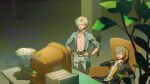  2boys aqua_hair armband artist_name aventurine_(honkai:_star_rail) aventurine_(waveflair)_(honkai:_star_rail) badge belt black_jacket black_pants blonde_hair blue_shirt book book_stack bracelet braid caelus_(honkai:_star_rail) chair closed_eyes clothes_around_waist collarbone commentary_request computer cowboy_shot glitch gold_bracelet gold_necklace grey_belt grey_hair hair_between_eyes hands_on_own_hips hawaiian_shirt honkai:_star_rail honkai_(series) hood hooded_jacket indoors jacket jewelry lapels leaf long_sleeves low_ponytail male_focus monitor multicolored_hair multiple_belts multiple_boys neck_tattoo necklace on_chair open_clothes open_jacket open_mouth open_shirt pants paper plant ponytail rowya shadow shirt short_hair short_ponytail short_sleeves shorts side_braid single_braid sitting smile spread_legs standing streaked_hair t-shirt table tassel tattoo trailblazer_(honkai:_star_rail) two-sided_fabric two-sided_jacket v-shaped_eyebrows watermark white_shirt white_shorts yellow_armband yellow_jacket 