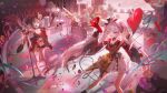  3girls absurdres aiming balloon band_(music) bell black_choker breasts character_balloon choker cleavage closed_eyes clothing_cutout commentary_request crowd cymbals detached_sleeves dress drum drum_set dual_persona floating_hair fox_mask furbo_(honkai:_star_rail) guitar gun handgun highres holding holding_guitar holding_gun holding_instrument holding_microphone_stand holding_weapon honkai:_star_rail honkai_(series) horn_speaker instrument looking_at_viewer mark_under_both_eyes mask mask_on_head medium_breasts microphone microphone_stand multiple_girls neck_bell one_eye_closed pink_eyes rdrd red_dress sandals shoulder_cutout smile sparkle_(doll)_(honkai:_star_rail) sparkle_(honkai:_star_rail) sparxie_(honkai:_star_rail) speaker stage stelle_(honkai:_star_rail) trailblazer_(honkai:_star_rail) twintails weapon yawning 
