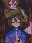  2others alternate_skin_color androgynous arm_rest arms_on_head blue_sweater blush_stickers brown_hair brown_shorts chara_(undertale) closed_eyes crossed_arms dande_lion2604 dot_nose frisk_(undertale) green_sweater highres holding holding_knife knife looking_at_viewer multiple_others other_focus red_eyes short_hair shorts signature simple_background smile string string_of_fate striped_clothes striped_sweater sweater two-tone_sweater undertale utdr_(toby_fox) 