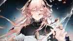  1girl absurdres air_bubble arknights black_horns breasts broken_glass bubble chinese_commentary cleavage_cutout clothing_cutout commentary_request crack cracked_glass demon_girl demon_horns diamond_cutout dress glass hand_up highres horns jewelry light_smile long_hair looking_at_viewer material_growth medium_breasts multiple_rings oripathy_lesion_(arknights) pink_eyes pink_hair ring ring_on_every_finger solo straight-on theresa_(arknights) upper_body white_dress xun_yi 