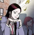  2girls :o black_eyes black_hair blood_time brown_hair commentary_request fang ha-yang_baek korean_commentary leaf long_hair mole mole_under_eye multiple_girls murrang_f necktie official_art open_mouth pale_skin red_necktie short_hair straight_hair vampire yeonu_ha 