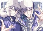  2boys aqua_hair border group_name hat highres jacket male_focus multicolored_hair multiple_boys paradox_live purple_background purple_eyes purple_hair purple_hat purple_shirt shirt short_hair siblings suya_01 turtleneck twins two-tone_hair white_border white_fur white_hat white_jacket white_shirt winter_clothes yatonokami_kanata yatonokami_nayuta zipper 