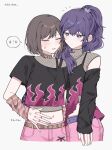  2girls annoyed asahina_mafuyu belt blush brown_eyes brown_hair commentary_request crop_top fishnet_top fishnets flame_print hand_on_another's_waist highres ioo_chan lavie_(vocaloid) matching_outfits midriff multiple_girls navel official_alternate_costume panties pink_panties project_sekai purple_eyes purple_hair shinonome_ena short_hair side_ponytail simple_background standing underwear yuri 