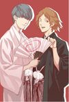  brown_eyes brown_hair fan folding_fan grey_eyes grey_hair hakama hanamura_yousuke haori japanese_clothes kimono mc multiple_boys narukami_yuu one_eye_closed persona persona_4 short_hair smile 