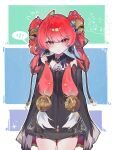  1girl absurdres ahoge black_dress black_jacket blush chest_tattoo chinese_commentary closed_mouth commentary_request dress flat_chest flying_sweatdrops hair_ornament highres holding_own_hair jacket jacket_on_shoulders long_hair looking_at_viewer orange_eyes rain red_hair shuangyaji solo spoken_blush suoming_(wuthering_waves) tattoo twintails wet wuthering_waves wuye_z 