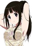  3: adjusting_hair armpits arms_up black_hair blush camisole chitanda_eru hands_in_hair hyouka long_hair looking_at_viewer md5_mismatch purple_eyes ragho_no_erika simple_background smile solo upper_body white_background 