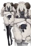  1girl absurdres animal animal_ears bare_shoulders barefoot black_skin blonde_hair breasts brown_horns brown_sweater call_of_cthulhu choker colored_skin commentary_request feet fluffy_hair frilled_choker frilled_thigh_strap frills full_body highres holding holding_animal horizontal_pupils horns long_hair long_sleeves looking_at_viewer medium_breasts mugimeshi_(midorimugi008) my_dear_"h" off-shoulder_sweater off_shoulder open_mouth original puffy_long_sleeves puffy_sleeves sheep sheep_ears sheep_girl sheep_horns simple_background sleeves_past_wrists solo standing sweater thigh_strap toes white_background yellow_eyes zoom_layer 
